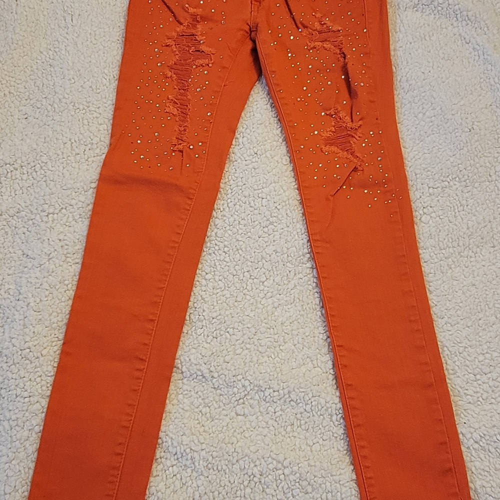Orange Skinny Jeans Distressed Detail In Front With Subtle Rhinestone.Juniors 5.